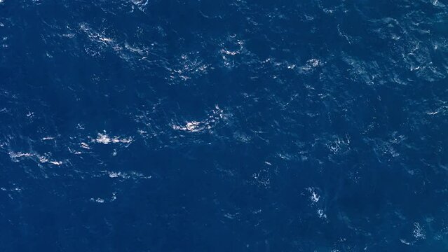 Drone zenithal view of whitecap ocean waves slowly building and fading on water