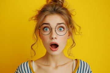 funny amazed nerd woman surprised open mouth face isolated on yellow background.