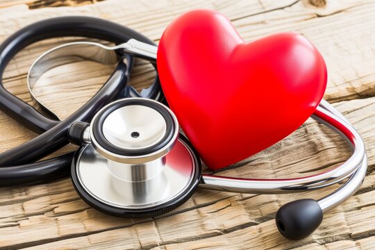 A red heart symbol rests on a wooden surface alongside a medical stethoscope, evoking themes of heart health, cardiovascular checkups, and healthcare. The image captures the vital relationship between