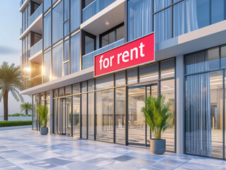 Modern luxury apartment house with a "for rent" sign, real estate advertising
