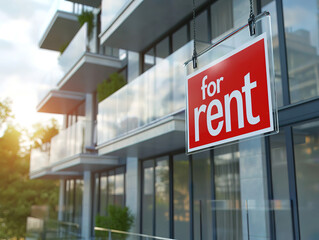 Modern luxury apartment house with a "for rent" sign, real estate advertising