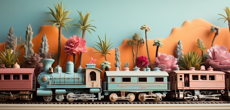 **A captivating arrangement of toy trains in different colors, creating a vibrant scene against a pastel coral backdrop