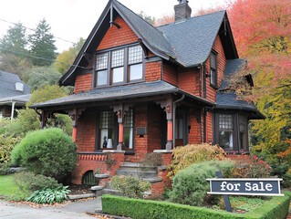 A house with a sale sign at its yard on the lawn, real estate