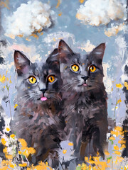 An impressionism oil painting portrait of two dark gray cats
