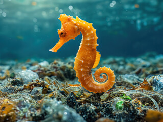 Seahorse underwater with plastic waste garbage swimming in a polluted ocean water close up