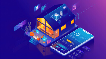 Smart home isometric illustration, modern technology house concept controlled via mobile app