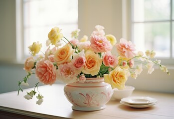 Colorful Flower-filled Vase on Table