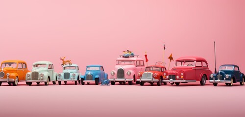 **A delightful arrangement of toy cars in a traffic-inspired pattern, forming an interesting visual on a pastel pink backdrop
