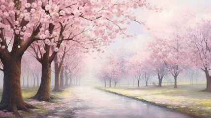 Fototapeta premium A delightful spring scene, the bloom of cherry blossoms in a serene park.