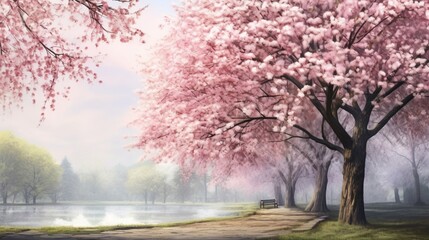 A delightful spring scene,  the bloom of cherry blossoms in a serene park. - obrazy, fototapety, plakaty