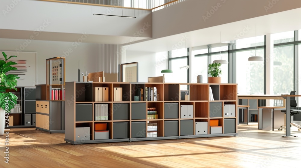 Poster a modular storage system with customizable cubbies allowing you to mix and match to fit your offices