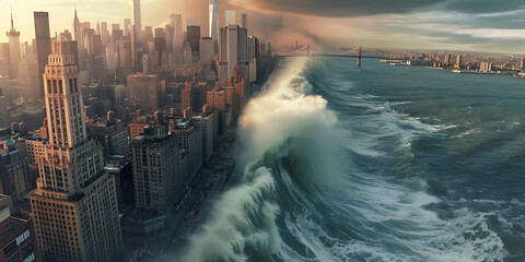 Huge tsunami destroying cities, concept of global flood and large natural disasters. - obrazy, fototapety, plakaty