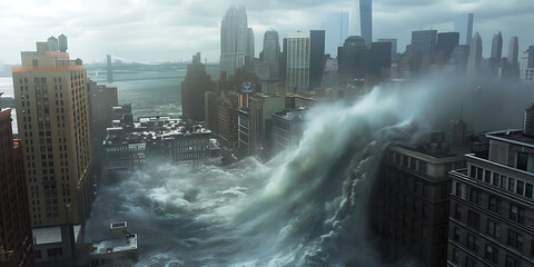 Huge tsunami destroying cities, concept of global flood and large natural disasters.