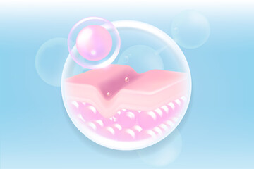 Hyaluronic acid hair and skin solutions ad, pink collagen serum drops into skin cells with cosmetic advertising background ready to use, illustration vector.