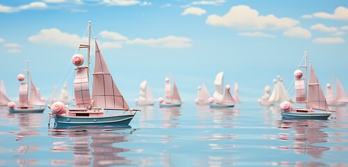 **A delightful arrangement of toy boats floating in a pastel blue "sea," offering a serene scene with space for text