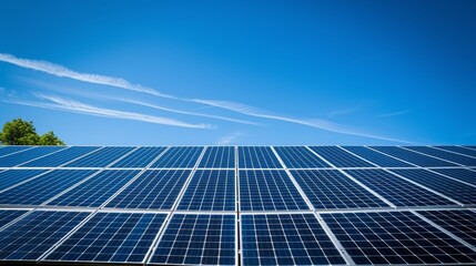 Obraz premium Expansive solar panel array under a clear sky, a testament to clean energy and commitment to an eco-conscious future.