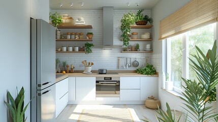 Modern eco-friendly kitchen interior with natural light and green plants, emphasizing sustainable home design.