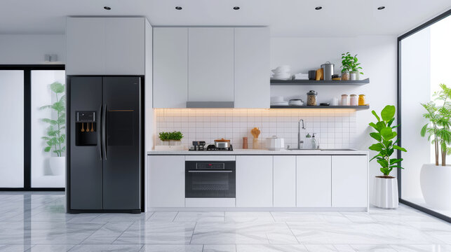  Minimalist kitchen design with sleek appliances and large windows, embodying a modern, eco-sustainable lifestyle.