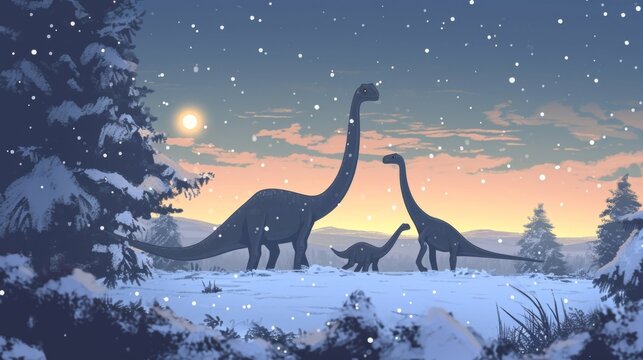 A family of Diplodocuses walking through a winter wonderland their long necks poking out of the snow.