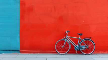  Vibrant blue bicycle parked against a red wall, highlighting sustainable urban travel and a bold, eco-conscious statement.