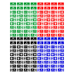 Set Icon Emergency exit sign set. Man running out fire exit. Running man and exit door sign. Escape help evacuation. Safety vector symbol. Fire action signs. Way signs for evacuation during a fire.