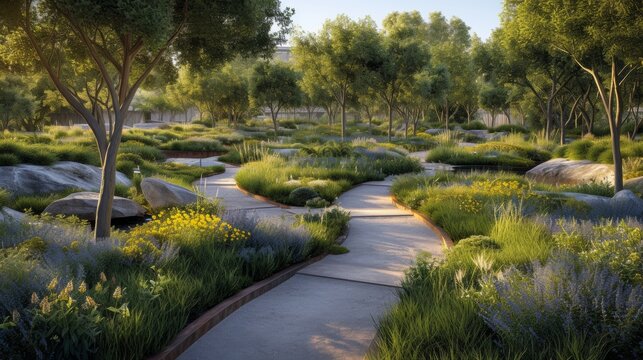 Winding garden path through a lush eco-friendly landscape, designed with sustainability and tranquility in mind.