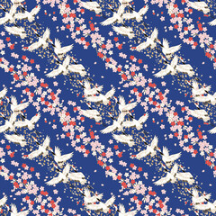 日本の伝統模様_鶴桜_紺