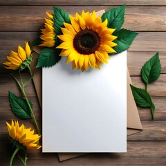 Sunflower empty greeting card mockup on wooden background representing spring