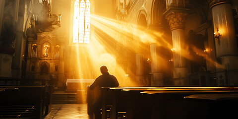 Desperate man in church with light from God, light of hope, hope and prayer concept - obrazy, fototapety, plakaty