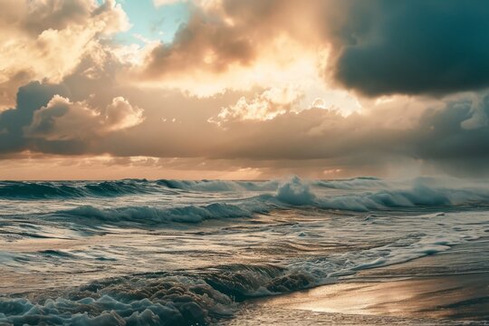 Golden Sunrise Waves, Azure Sky, Photorealistic Pastiche, Generative AI