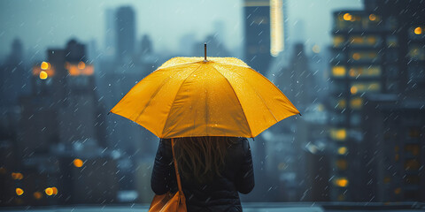 Lonely woman holds yellow umbrella in big city, loneliness concept.