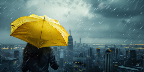 Lonely woman holds yellow umbrella in big city, loneliness concept.