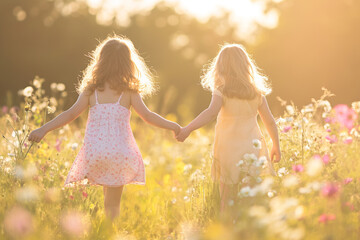 Two little girls holding hands crossing to the flower field