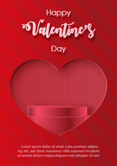 Poster advertising with product stage of Valentine's day celebration in 3d and paper cut style with Valentine's day wording and example texts on red background. All in vector design.