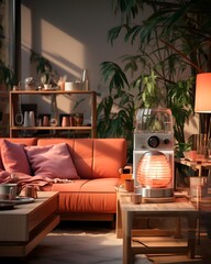 Living room interior with orange sofa, coffee table, coffee cup and decorative plants