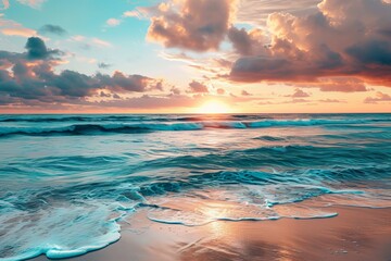 Sandy Beaches and Azure Skies at Sunrise, Generative AI - obrazy, fototapety, plakaty