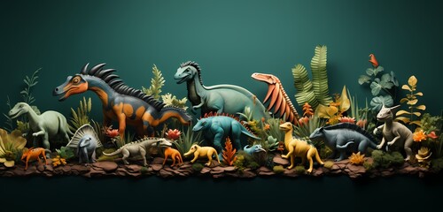 **A top-down perspective of a collection of toy dinosaurs in a prehistoric scene, arranged creatively on a pastel green surface