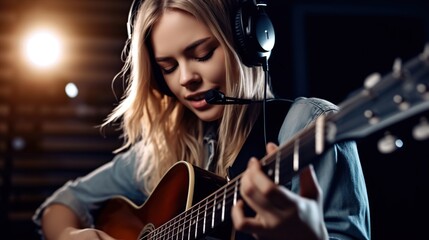 beautiful woman is enjoying playing acoustic guitar and wearing headset
