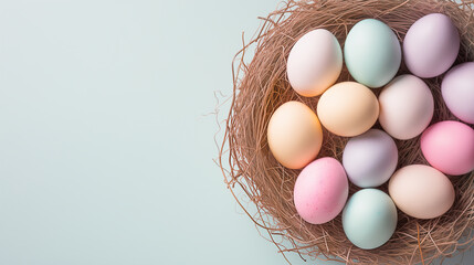 Colorful easter eggs in nest on pastel blue background.