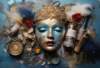 Womans Face Surrounded by Makeup and Accessories