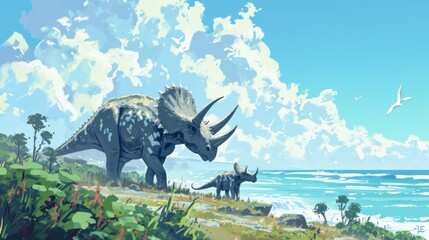 A mother triceratops and her young offspring peacefully grazing on the vegetation with the ocean breeze gently rustling through their distinct frills.