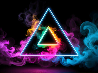 neon triangles surrounded by swirling smoke in a variety of different colors