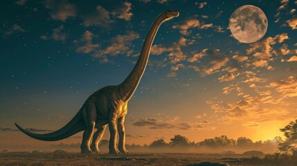 A towering brachiosaurus standing on its hind legs seemingly reaching for the bright moon hanging in the sky. - obrazy, fototapety, plakaty