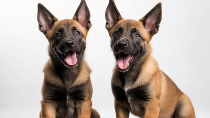 Rostro de dos perros Pastor belga malinois, felices, sobre fondo blanco - obrazy, fototapety, plakaty