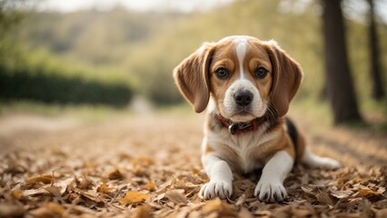 Cachorro beagle echado en medio del bosque, mirando hacia el frente - obrazy, fototapety, plakaty