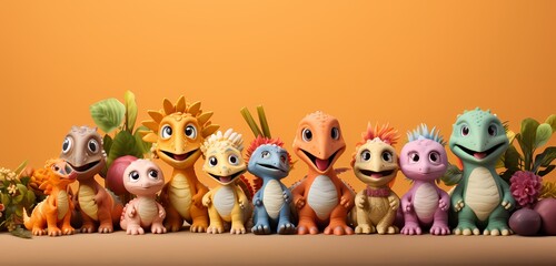 **A whimsical top view of toy dinosaurs arranged in a playful scene on a pastel orange background, leaving room for text