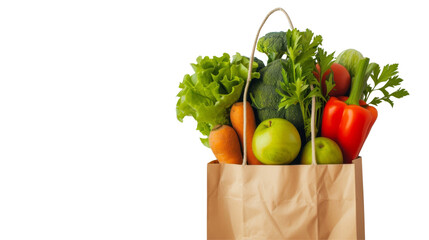 Fresh vegetables in a brown paper bag on a white background, zero waste concept
