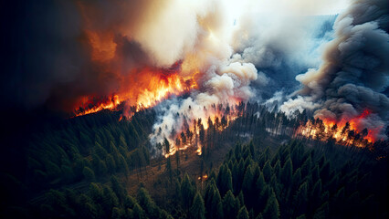 Fototapeta na wymiar Aerial view of a pine forest fire with flame and smoke - Global Warming