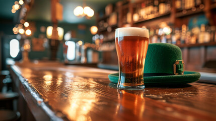 St. Patrick's Day Beer Celebration.
Pint of amber beer beside a green leprechaun hat on a pub table.