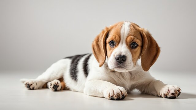 Cachorro beagle, echado, sobre fondo blanco